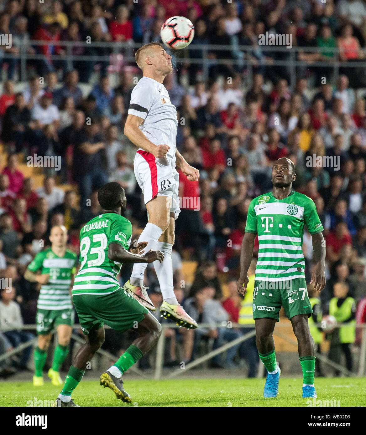 Marijampole, Lithuania. 22nd Aug, 2019. Algis Jankauskas (top) of Suduva competes during the first leg match of UEFA Europa League play-offs between Suduva of Lithuania and Ferencvaros of Hungary in Marijampole, Lithuania, Aug. 22, 2019. Credit: Alfredas Pliadis/Xinhua/Alamy Live News Stock Photo