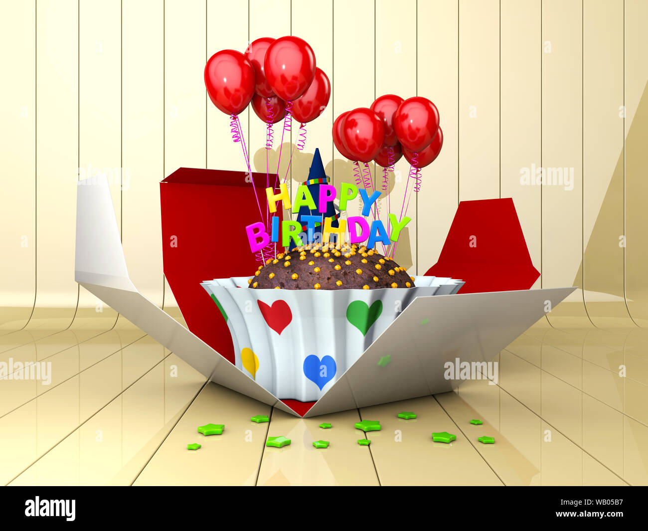 3d Illustration of Birthday cake with red balloons Stock Photo - Alamy