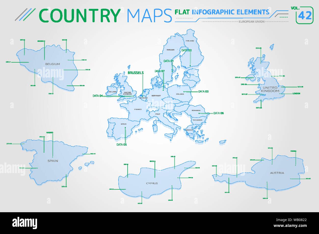 Flat vector maps collection with infographic elements. Stock Vector