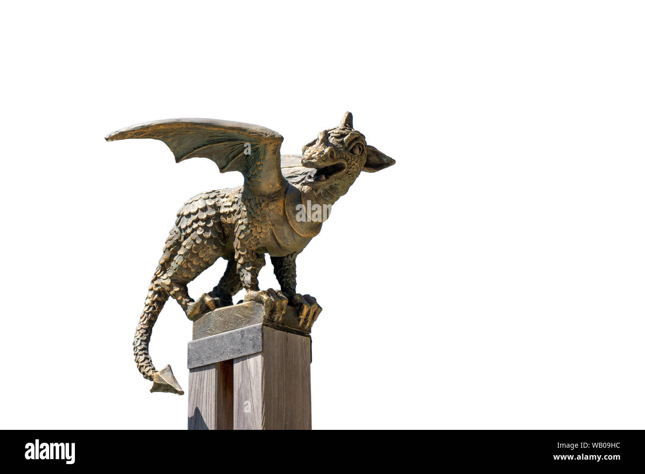Solcava, August 17 2019: Bronze statue of the Lintver dragon, a signpost on the Solcava Panoramic road above Logar valley in Slovenia Stock Photo