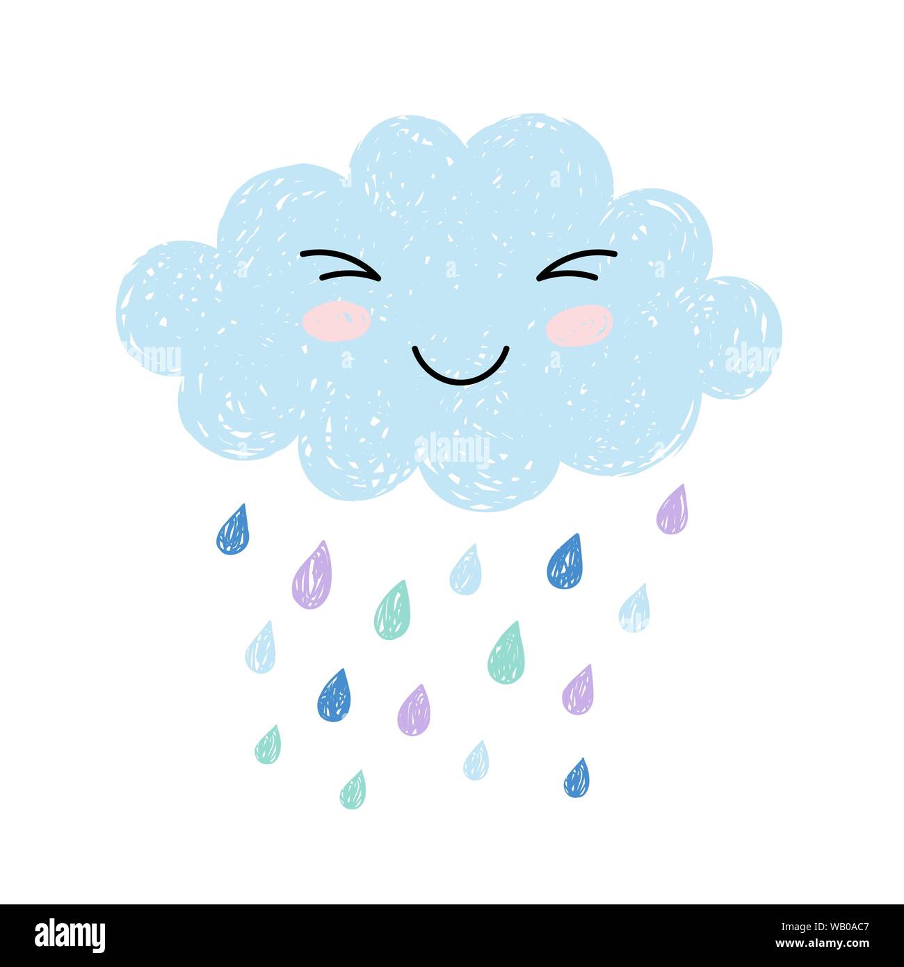 Cute happy cartoon kawaii cloud on blue background with rain drops. Dreaming hand drawn cloud vector illustration for posters, cards or t-shirt prints Stock Vector