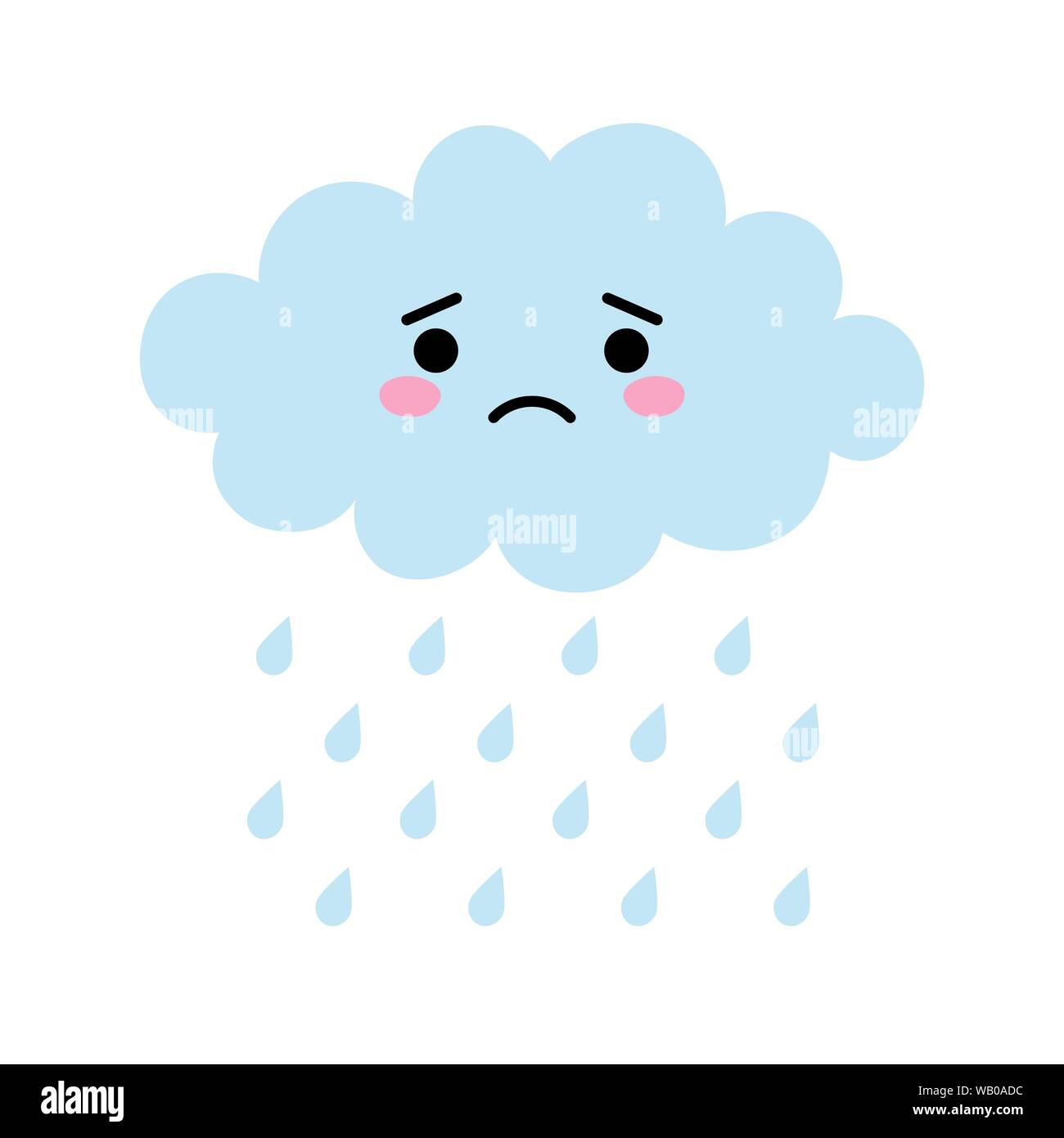 Cute cartoon kawaii blue cloud with rain drops with sad face emotion. Weeping cloud vector illustration for posters, cards or t-shirt prints. Stock Vector