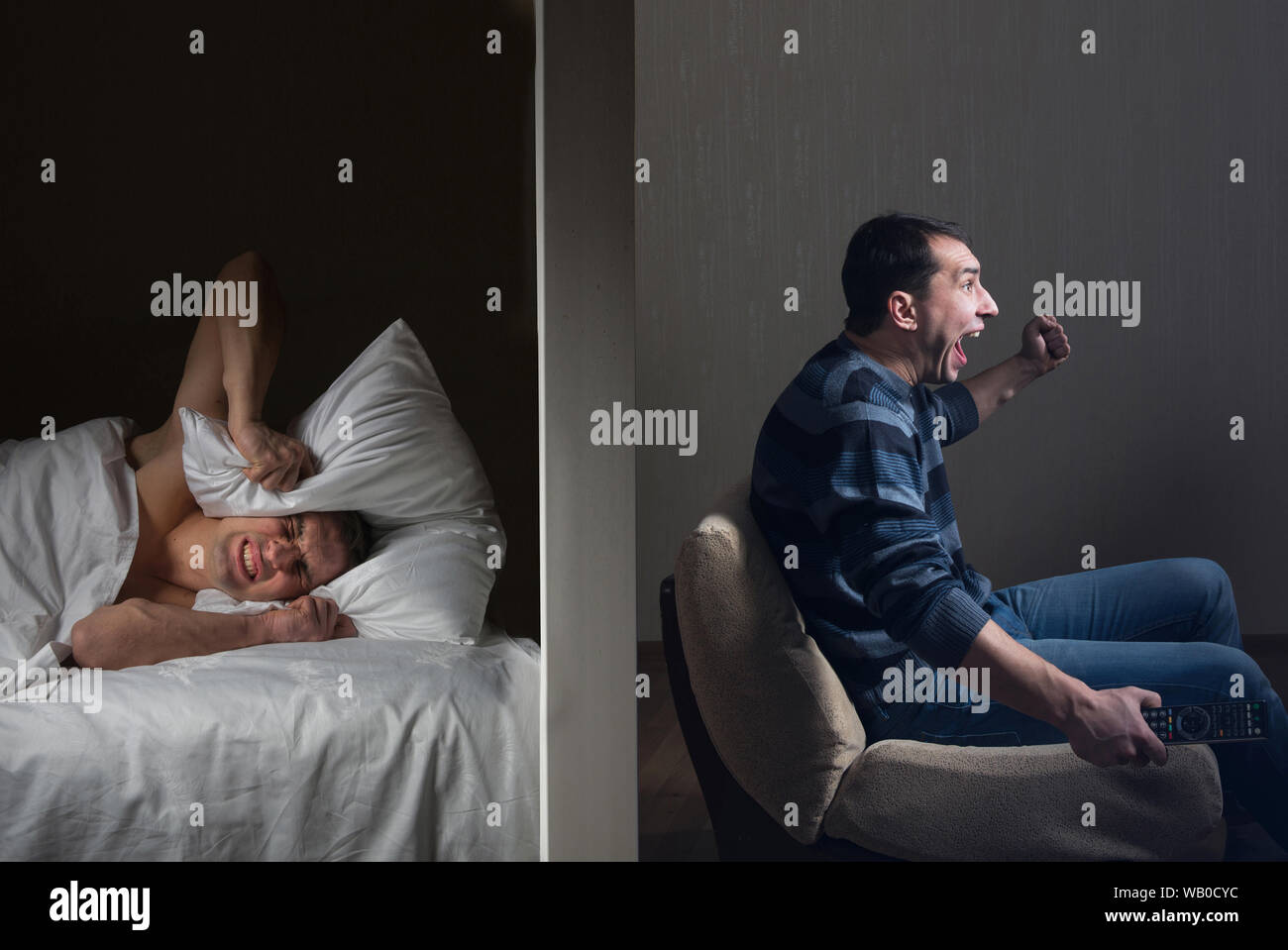 Man at night can't fall asleep because of the noisy neighbor Stock