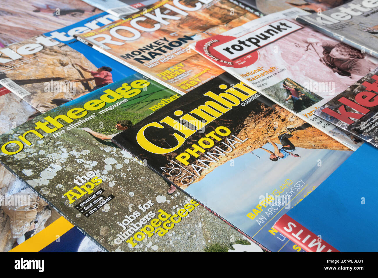 UTRECHT, THE NETHERLANDS - AUGUST 3, 2019: Selection of climbing magazines from different countries. Covers from Klettern, Urban Climber, Climbing, Ro Stock Photo