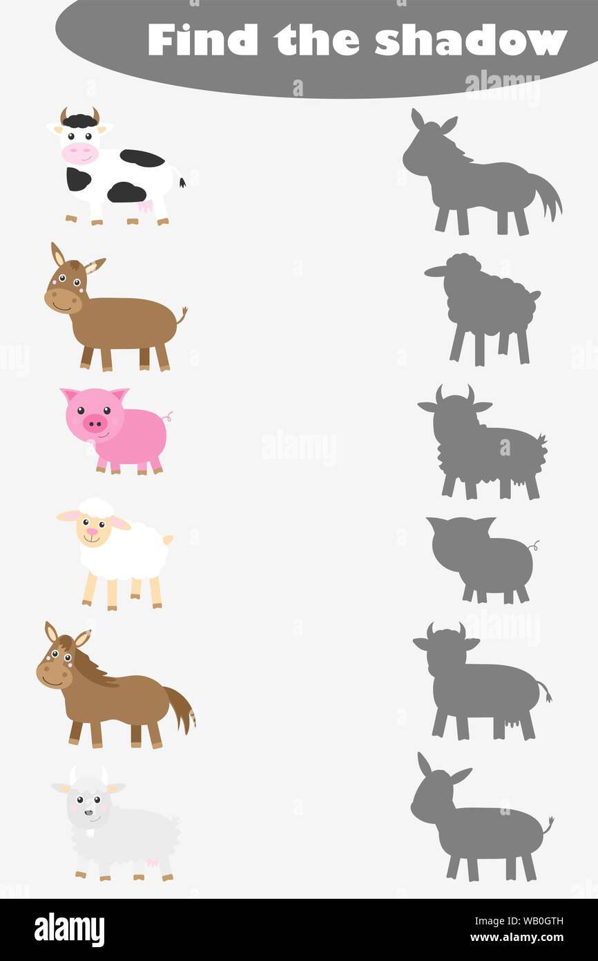 Find the shadow, game for children farm animals in cartoon style, education game for kids, preschool worksheet activity, task for the development of l Stock Vector Image & Art - Alamy Find the shadow, game for children farm animals in cartoon style, education game for kids, preschool worksheet activity, task for the development of l Stock Vector Image & Art - Alamy