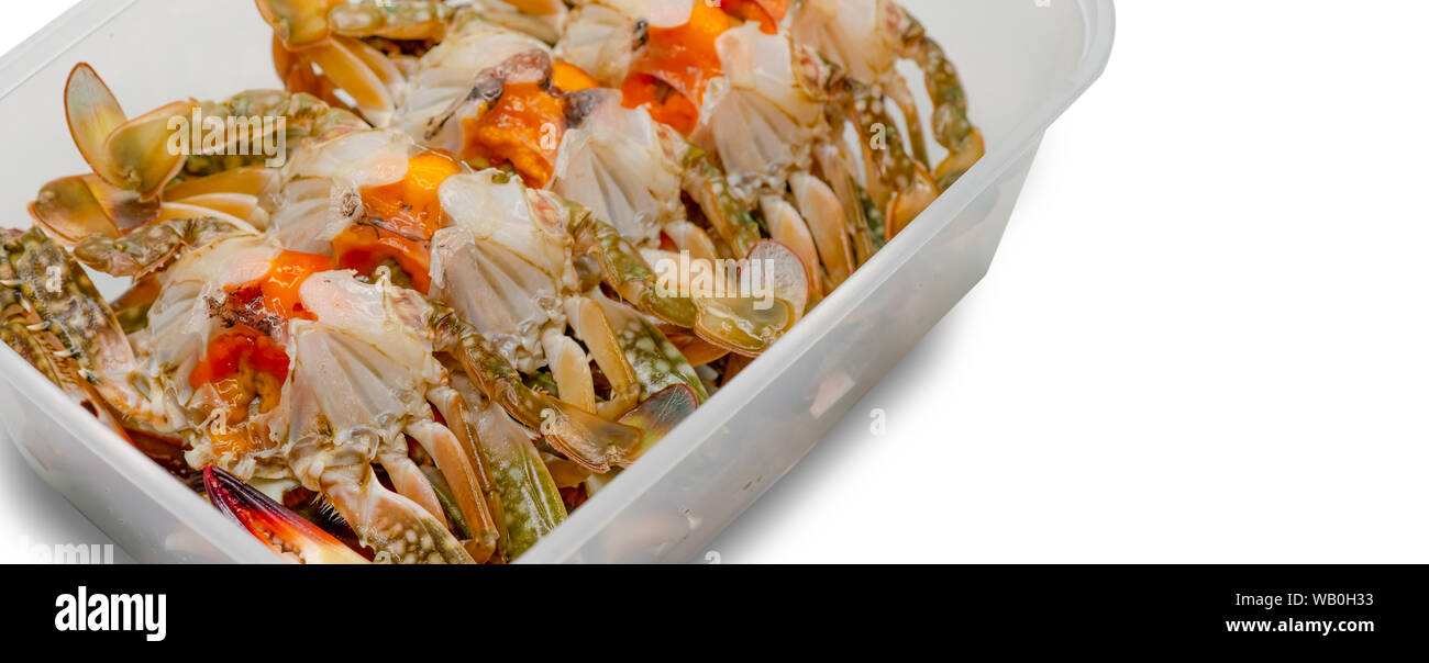 Pickled crab eggs in fish sauce pack in plastic box for delivery