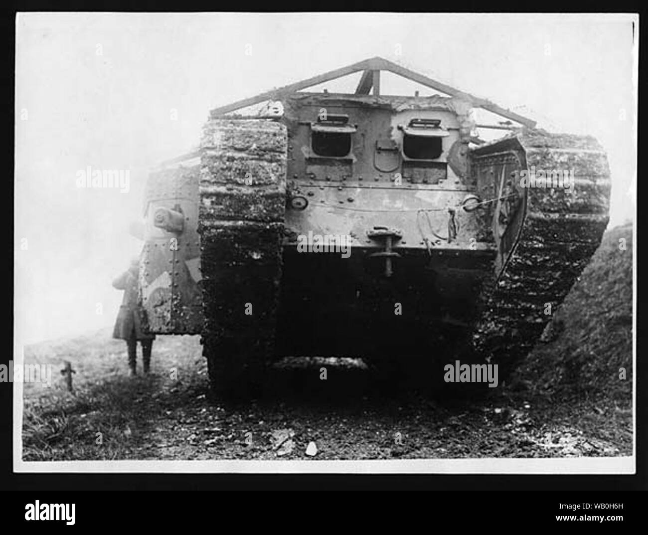 Vintage WWI armoured car or tank related Black and white photograph Stock Photo