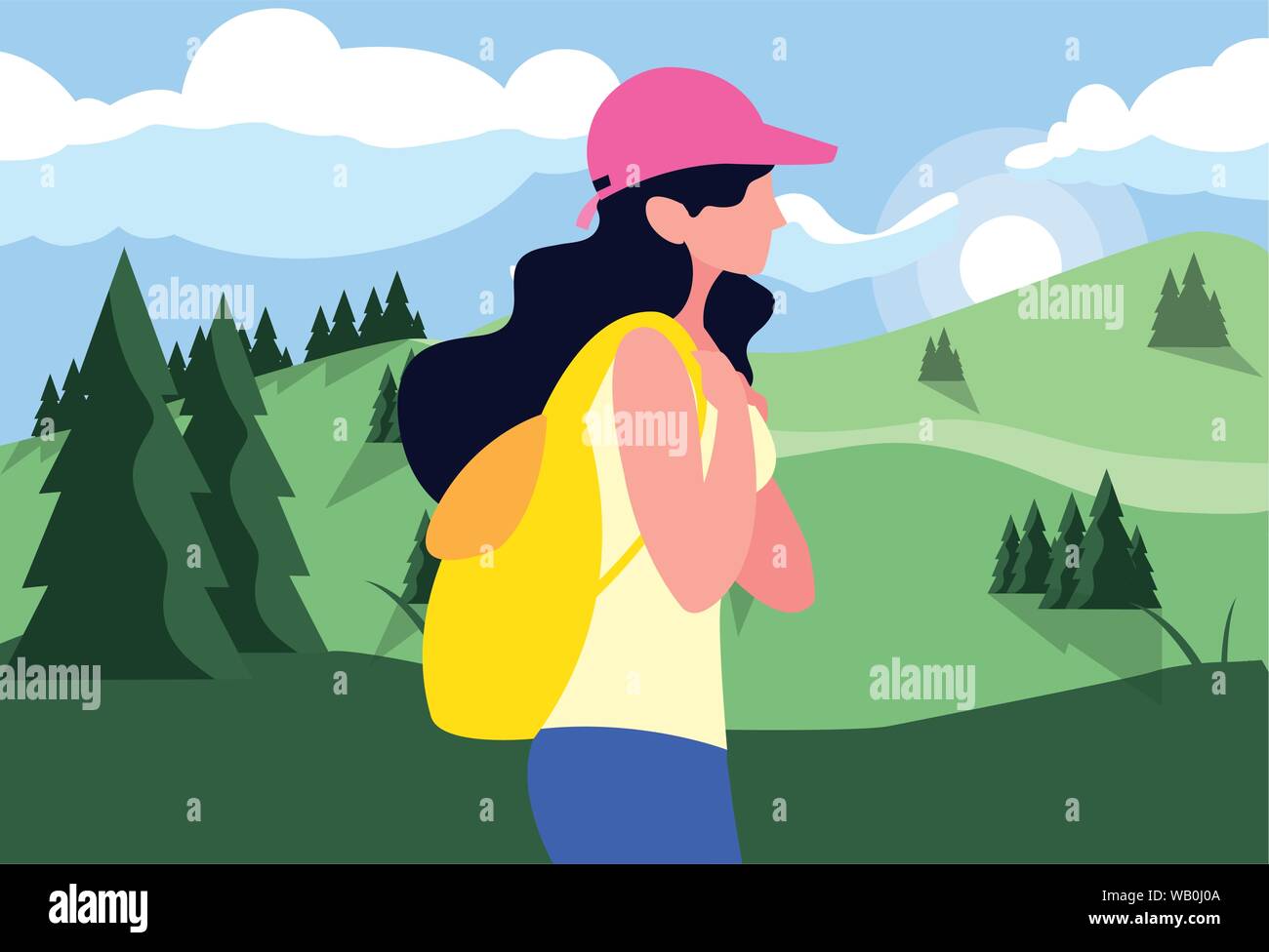 woman with backpack hiking wanderlust exploration field landscape