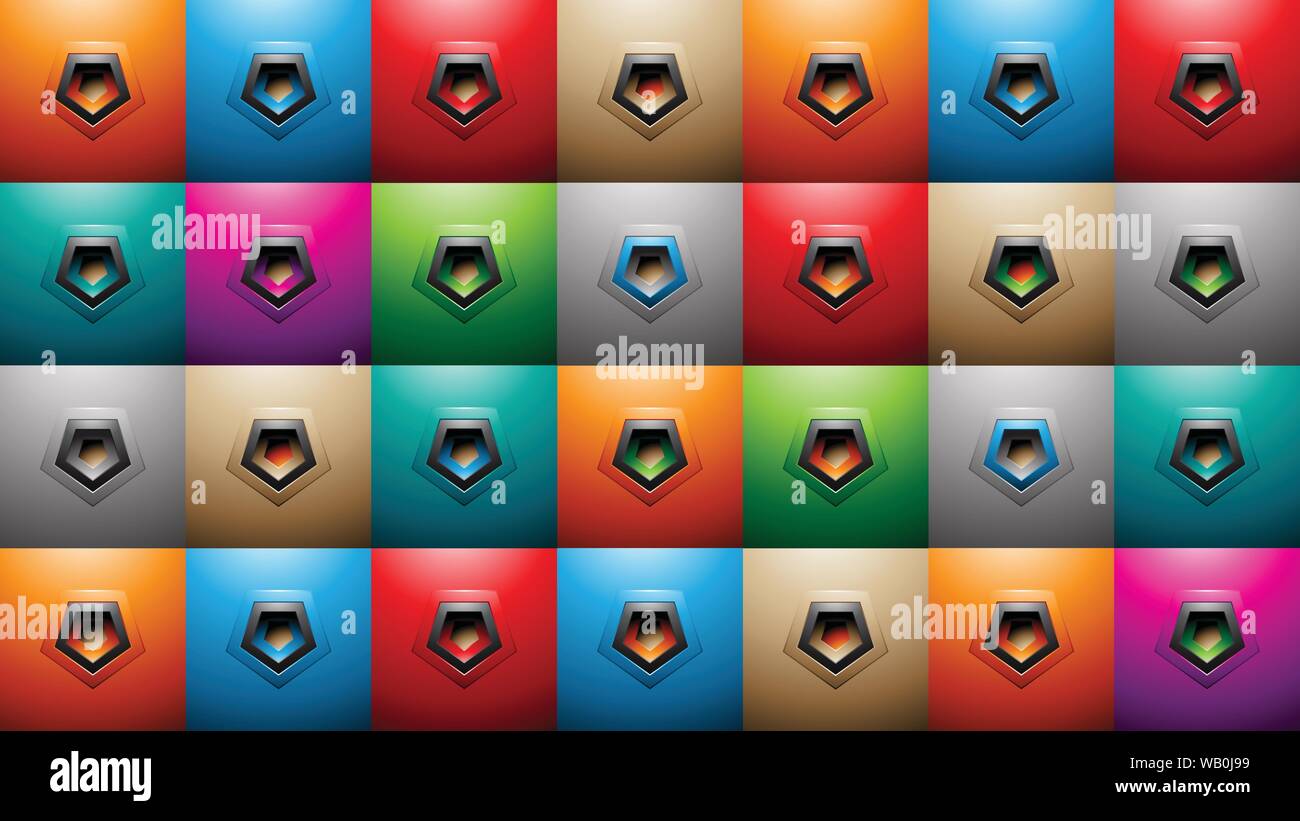 Vector Illustration of Embossed Pentagon Shapes on Colorful Squares Background Stock Vector