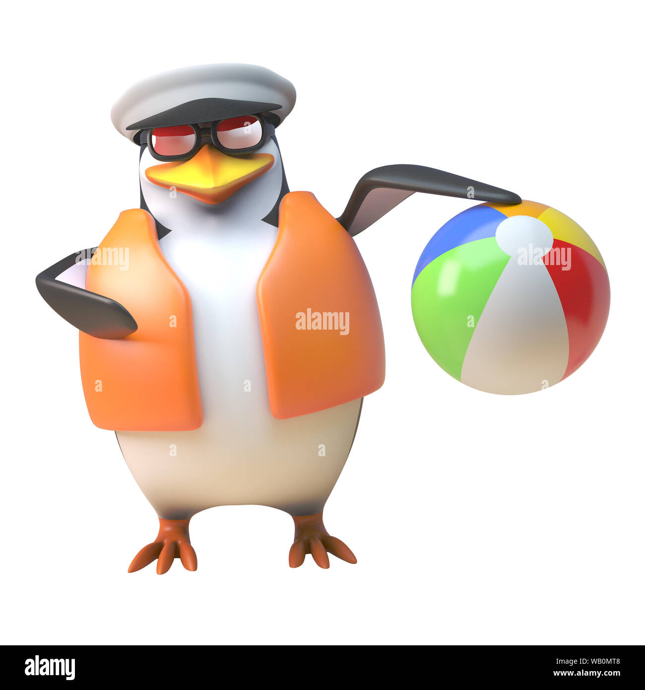 3d penguin sailor captain character playing with a beach ball, 3d illustration render Stock Photo