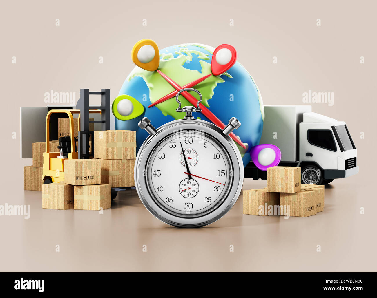Global transportation concept with cargo boxes, chronometer,truck and globe. 3D illustration. Stock Photo
