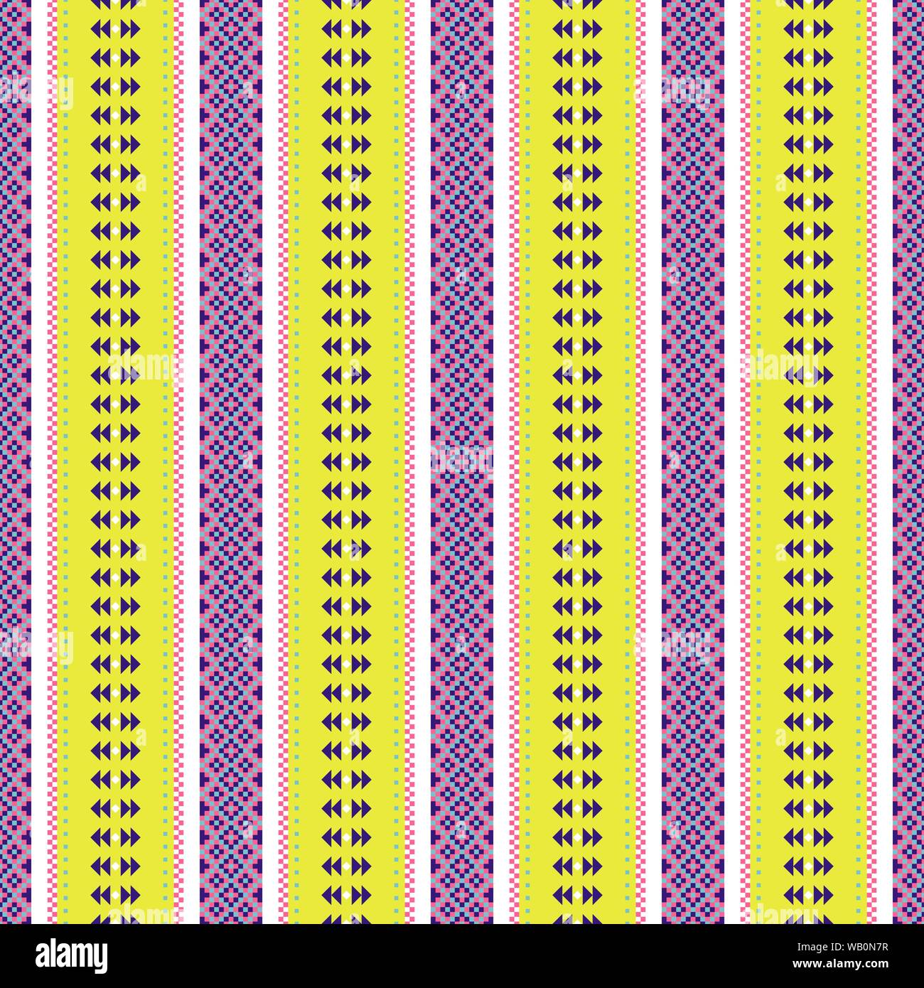 Folk geometric seamless pattern pixel art and shapes texture. Stock Vector