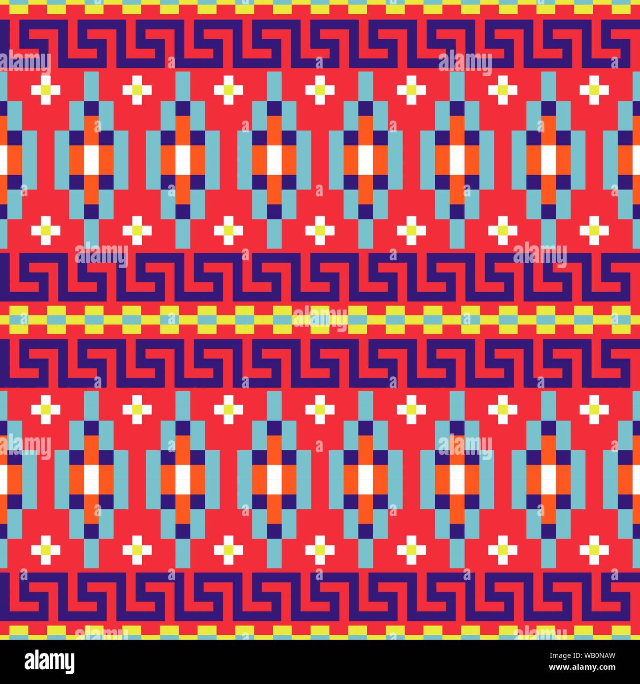 Folk geometric seamless red pattern with meander border shapes texture. Stock Vector