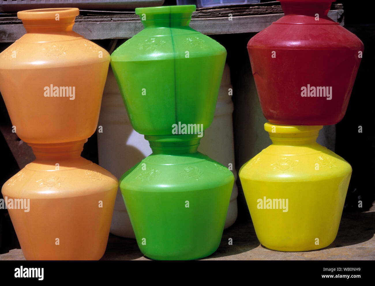asia, asian, india, collection of colourful jars urns, water liquids Stock Photo