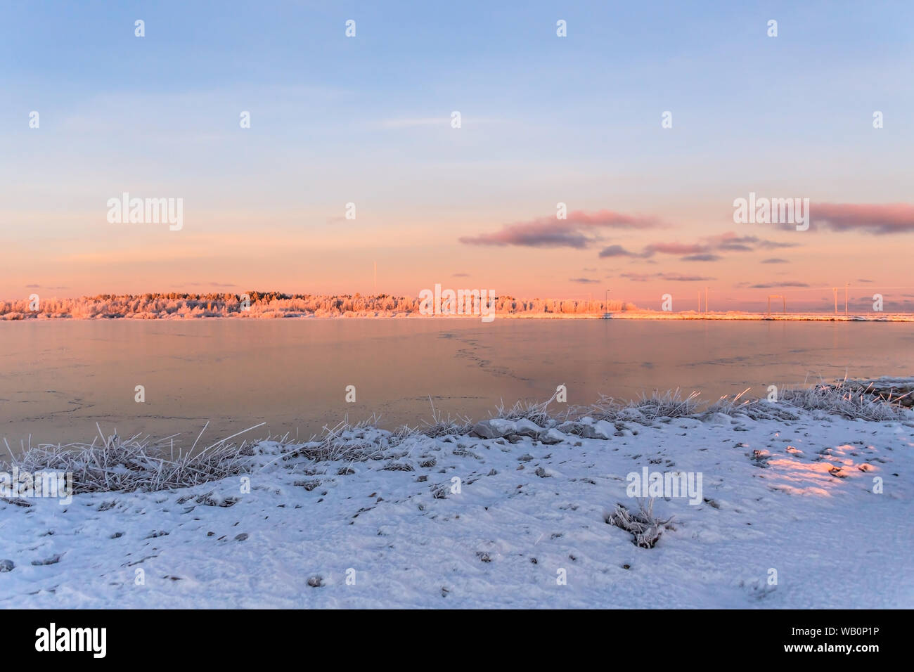 Winter time sea is frozen and frosty beach landscape,Hailuoto island,Bothnian Bay,North Ostrobothnia, Finland Stock Photo