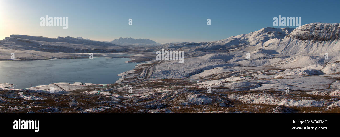 Panoramic view over Loch Leathan with Cuillins in distance, Isle of Skye Stock Photo