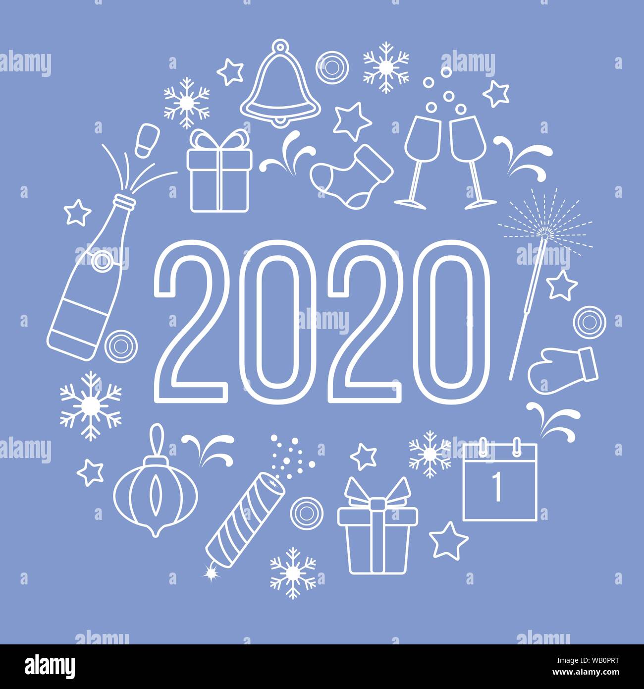 Happy New Year 2020 card. Gift boxes, bottle, glasses, Christmas sock, gingerbread bell, poppers, sparkler, mitten, calendar, snowflakes. Design for p Stock Vector