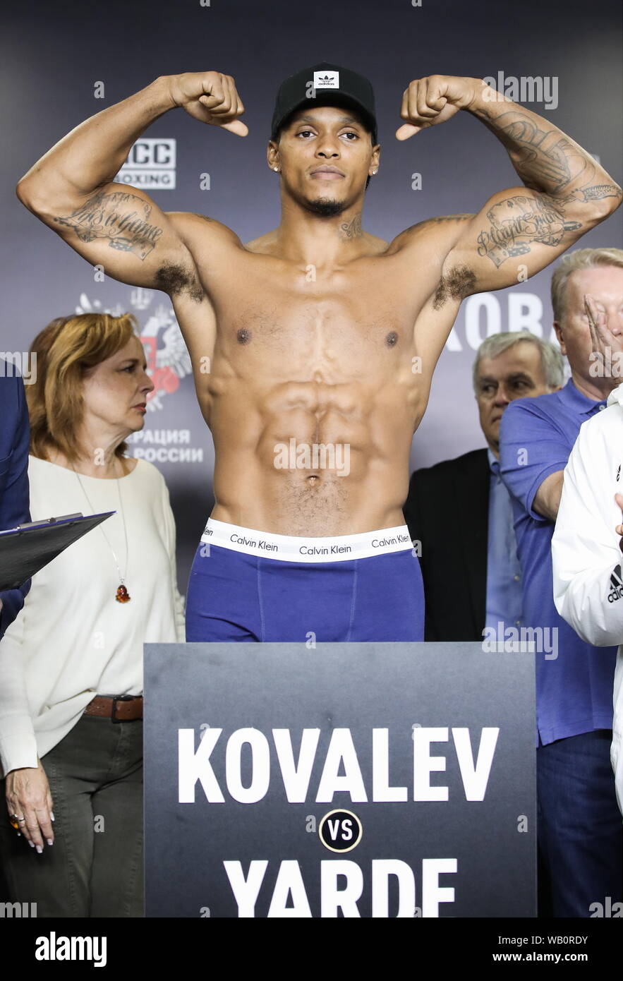 chelyabinsk russia 23rd aug 2019 chelyabinsk russia august 23 2019 uk boxer anthony yarde poses during a weigh in ahead of his wbo light heavyweight title fight against sergey kovalev not in chelyabinsk russia 23rd aug 2019 chelyabinsk russia august 23 2019 uk boxer anthony yarde poses during a weigh in ahead of his wbo light heavyweight title fight against sergey kovalev not in