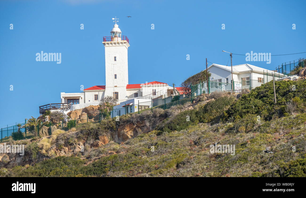 Mossel Bay, South Africa - on a clear summer day a seabird flies over the Cape St Blaize lighthouse on a hill above the town image in landscape format Stock Photo
