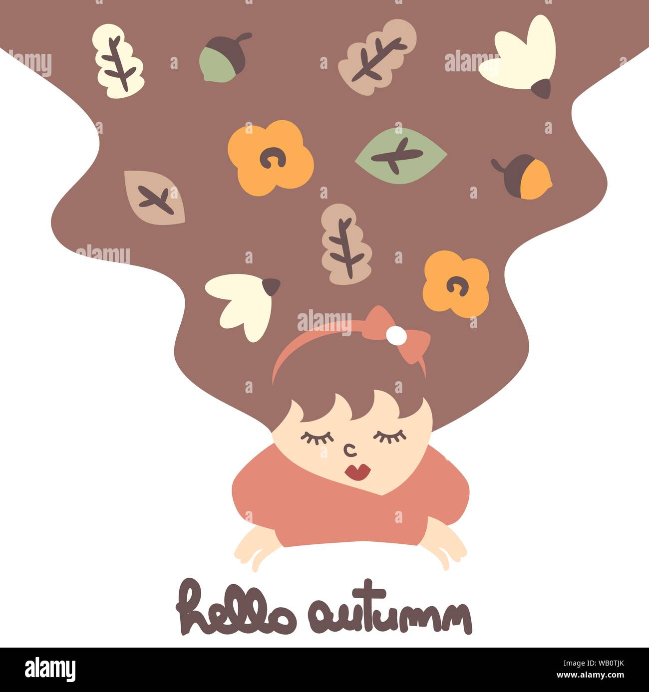cute woman with hand drawn lettering hello autumn quote and fall life ...