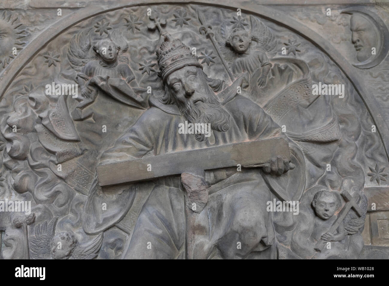 Religious sculpture at late Gothic church 'Marienkapelle' in Würzburg, Germany Stock Photo