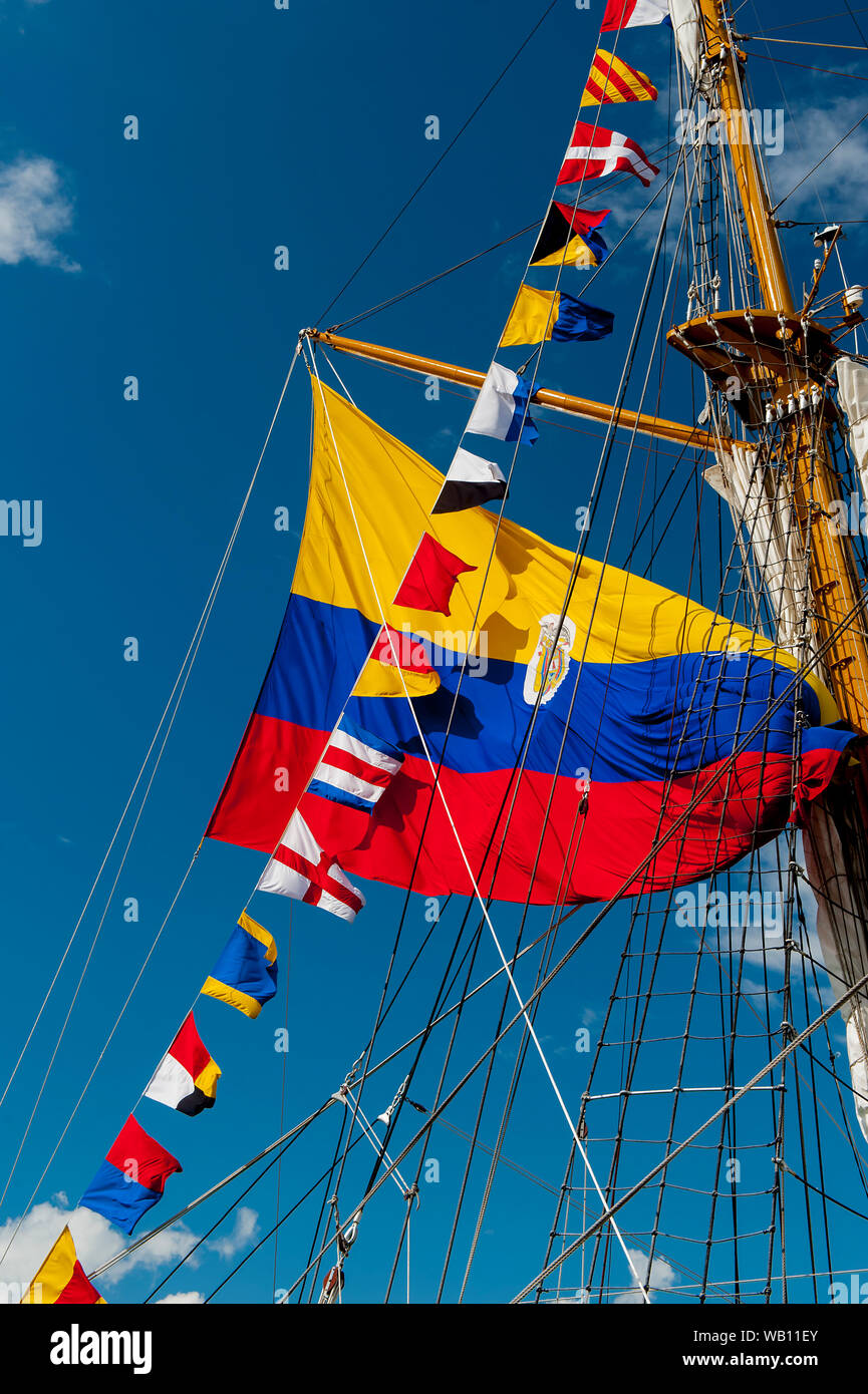 Flags on Tall ship A.R.C. Gloria , Colombia Stock Photo