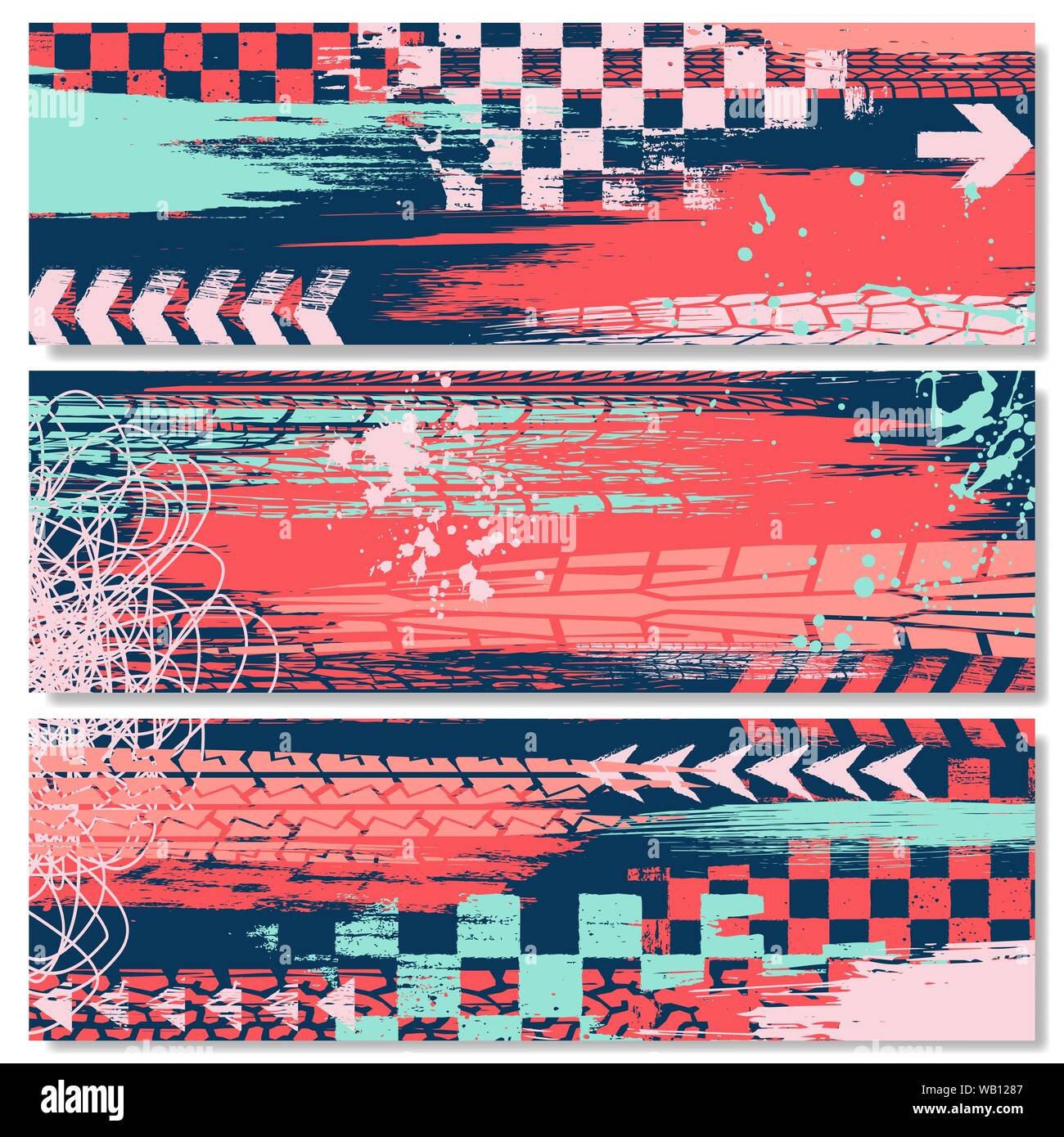 Three color grunge elements tire tracks banners with race elements Stock Vector