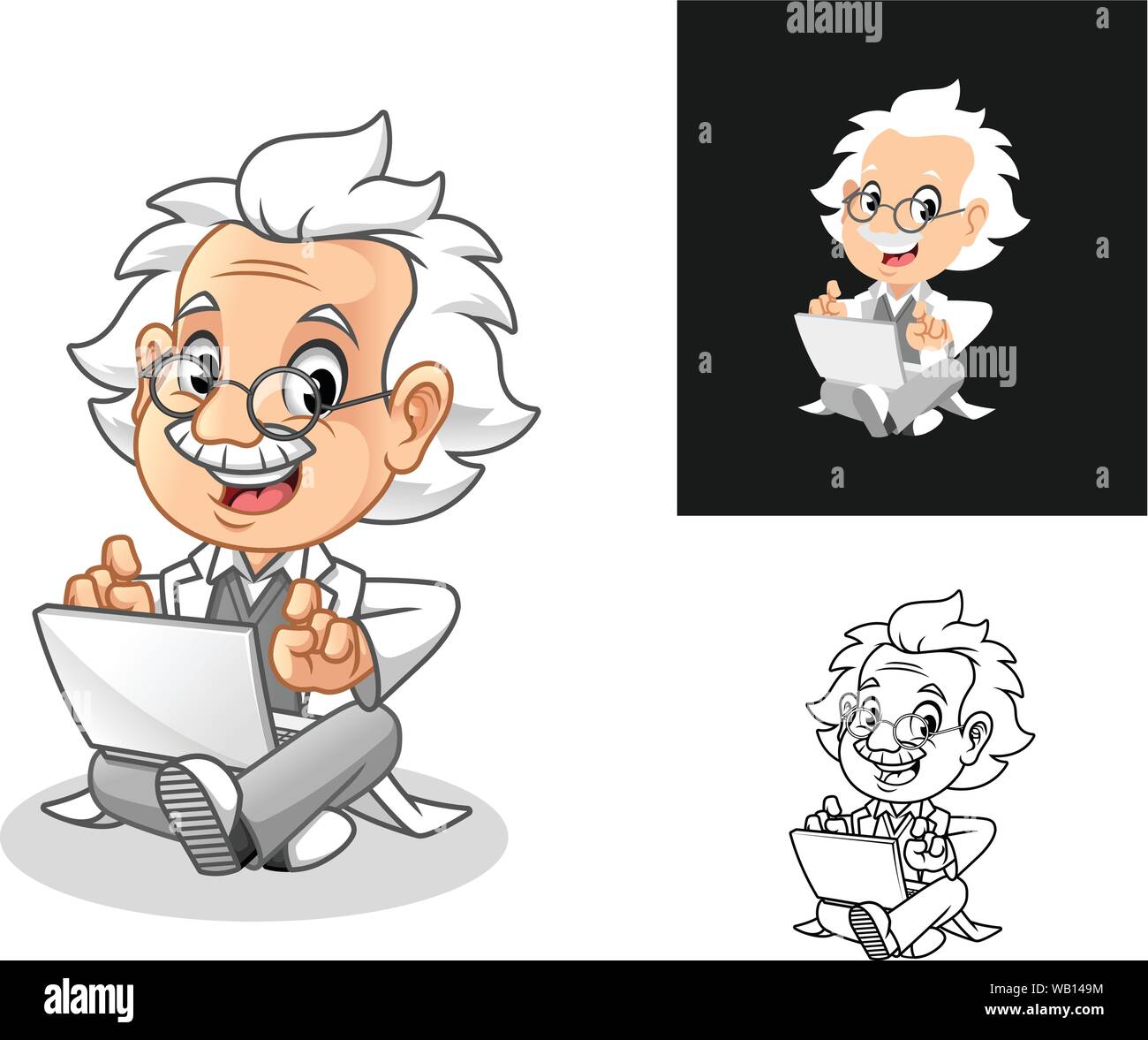 Happy Old Man Professor Sitting with Laptop Cartoon Character Design,  Including Flat and Line Art Designs, Vector Illustration Stock Vector Image  & Art - Alamy