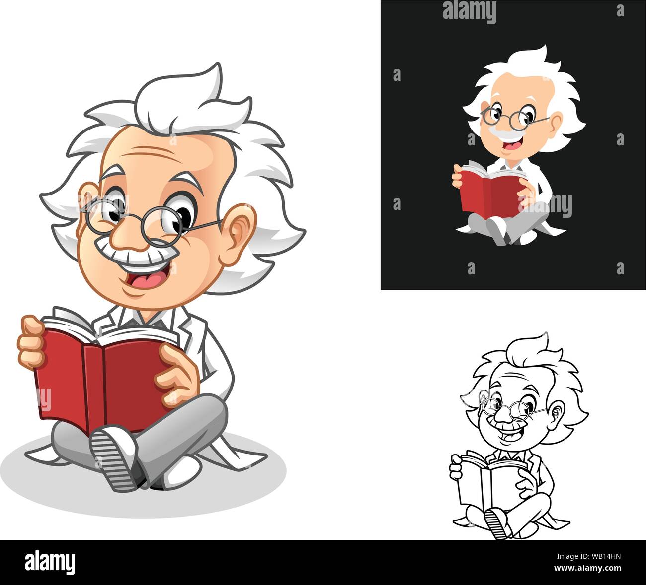Happy Old Man Professor with Glasses Reading a Book Cartoon Character Design,  Including Flat and Line Art Designs, Vector Illustration Stock Vector Image  & Art - Alamy