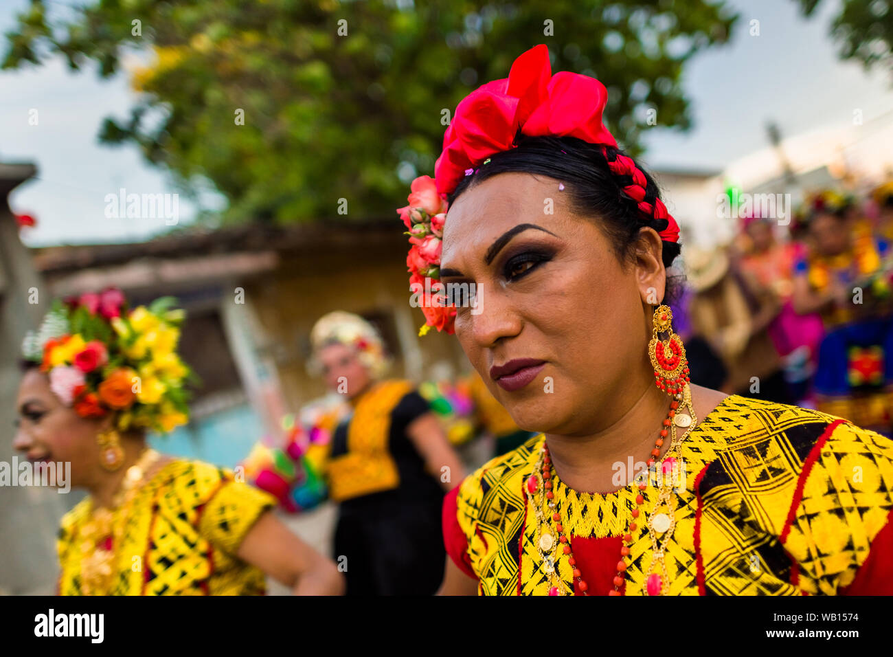 Mexican “muxes” (typically, homosexual men wearing female clothes) take part in the festival in Juchitán de Zaragoza, Mexico. Stock Photo