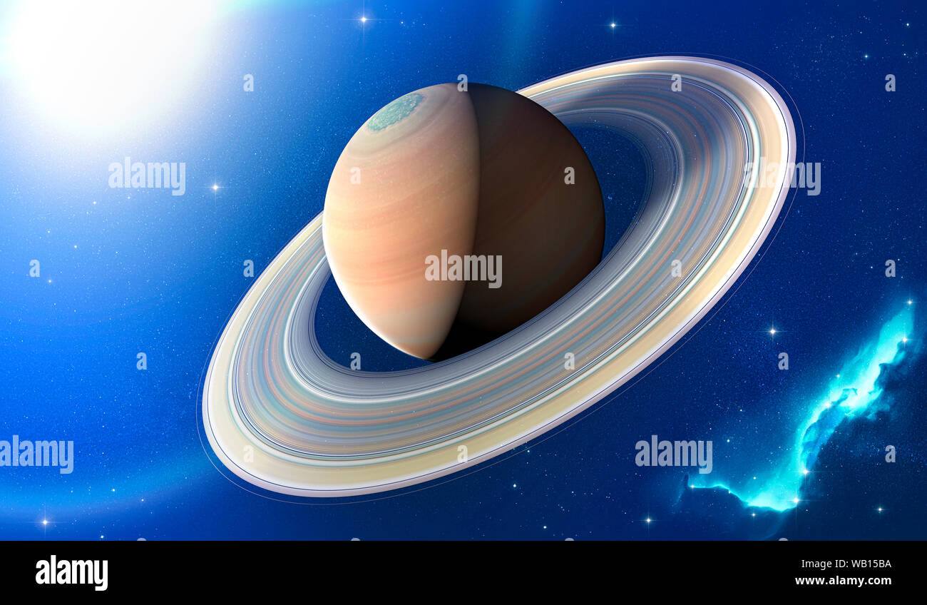 View of the planet Saturn with rings. Cassini probe in exploration around the planet. Solar system. 3d render Stock Photo