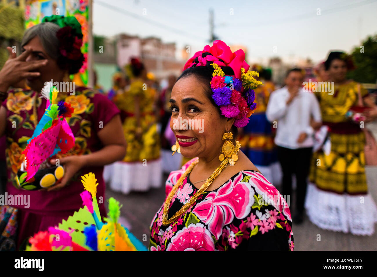 A Mexican woman of Zapotec origin, wearing traditional Tehuana dress, takes part in the festival in Juchitán de Zaragoza, Mexico. Stock Photo
