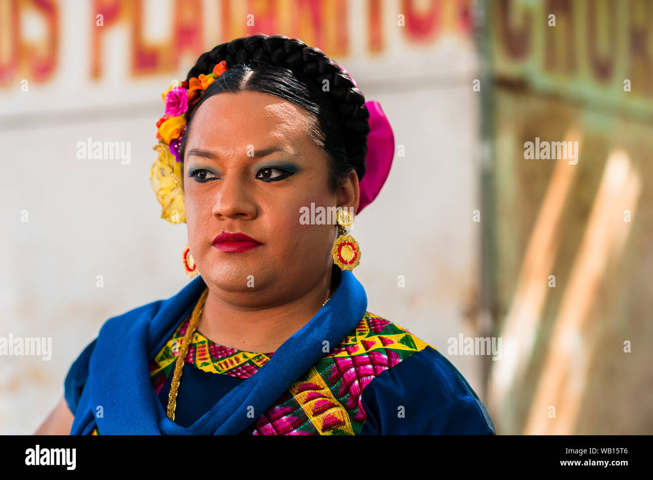 A Mexican “muxe” (typically, a homosexual man wearing female clothes) takes part in the festival in Juchitán de Zaragoza, Mexico. Stock Photo
