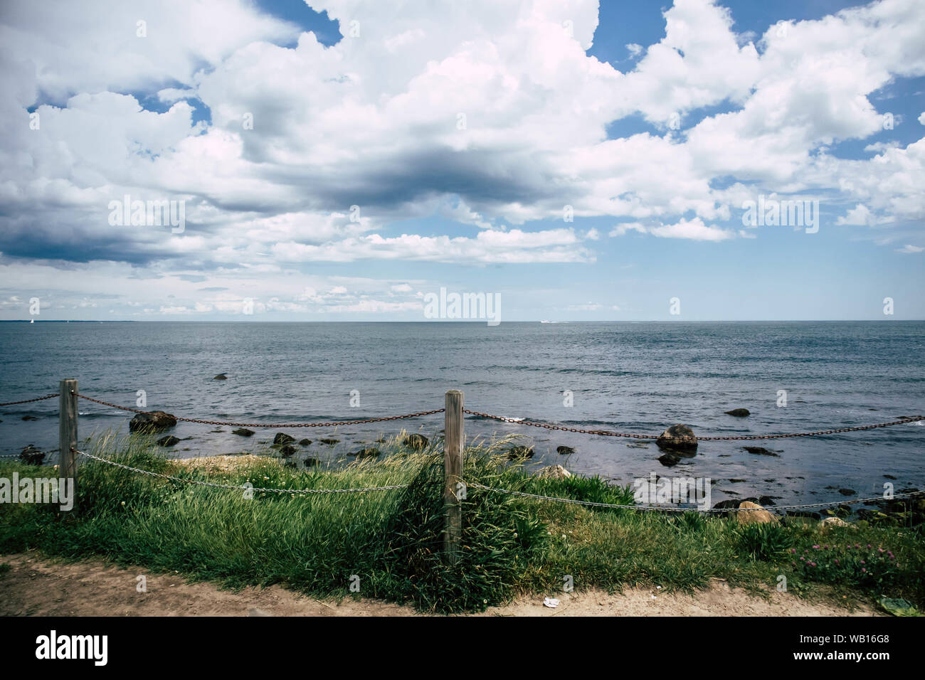 Beautiful scenic view of the Atlantic Ocean from the Point Judith lighthouse in Narragansett Rhode Island. Stock Photo