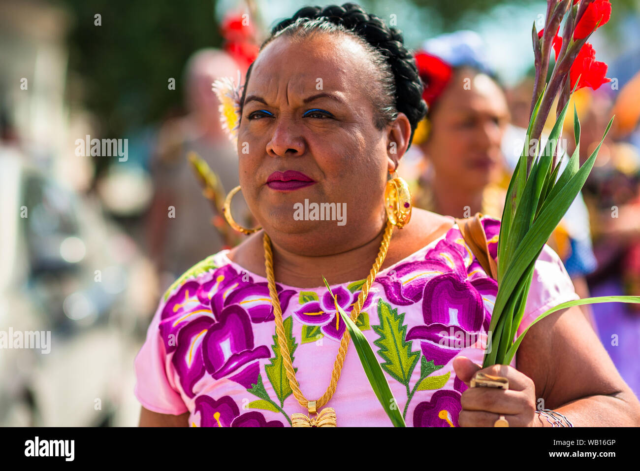 A Mexican “muxe” (typically, a homosexual man wearing female clothes) takes part in the festival in Juchitán de Zaragoza, Mexico. Stock Photo