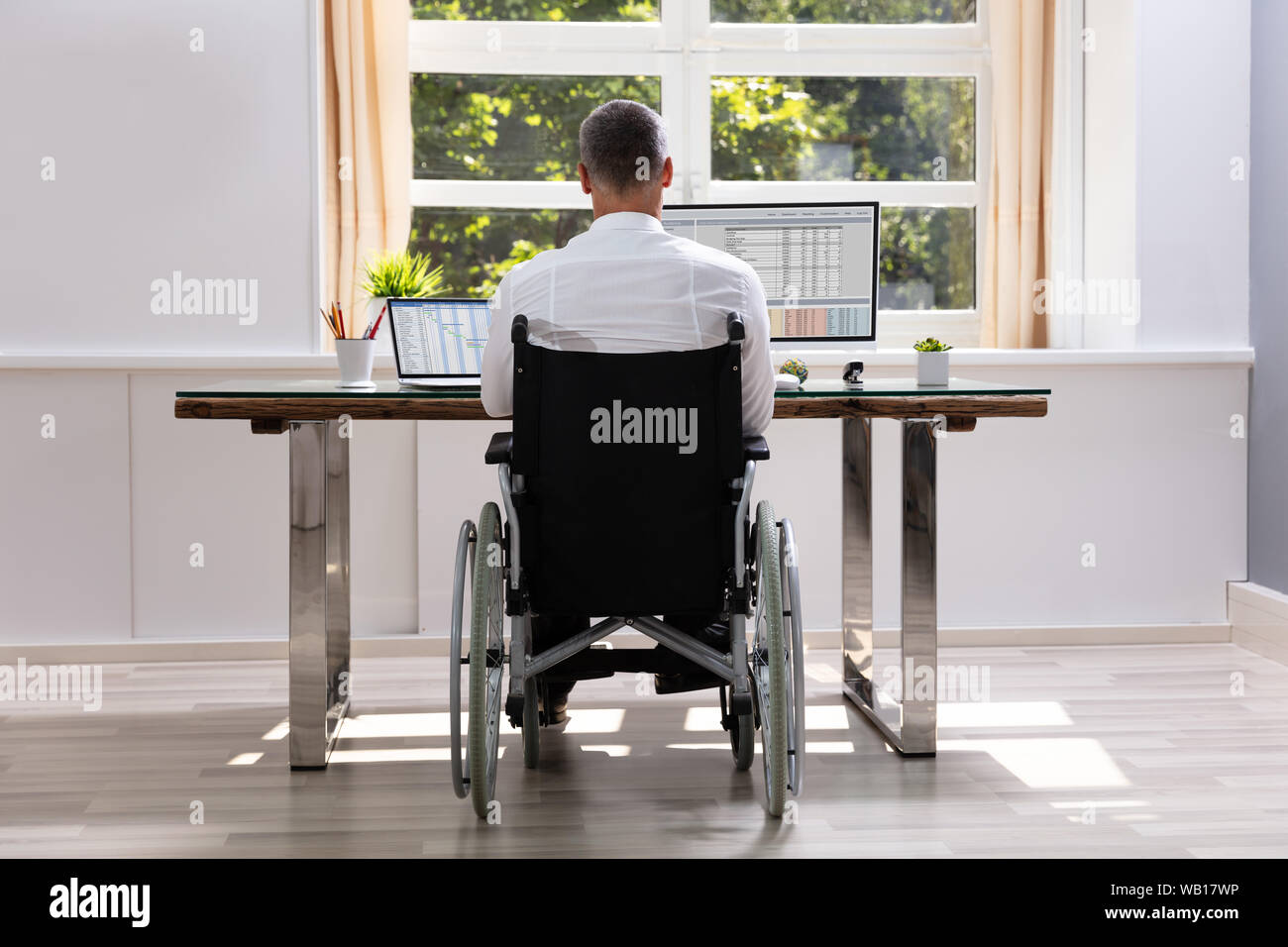 Handicapped Businessman Sitting On Wheelchair And Using Computer In