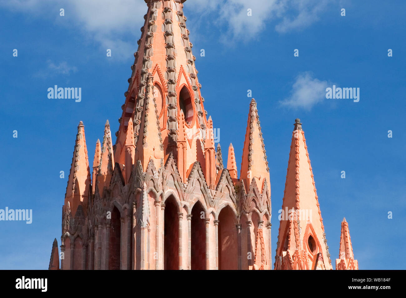 Aerial view of the spire of St paul's church in San Miguel de Allende, Mexico. Said to be the inspiration for Gaudi's Sagrada Familia in Barcelona. Stock Photo