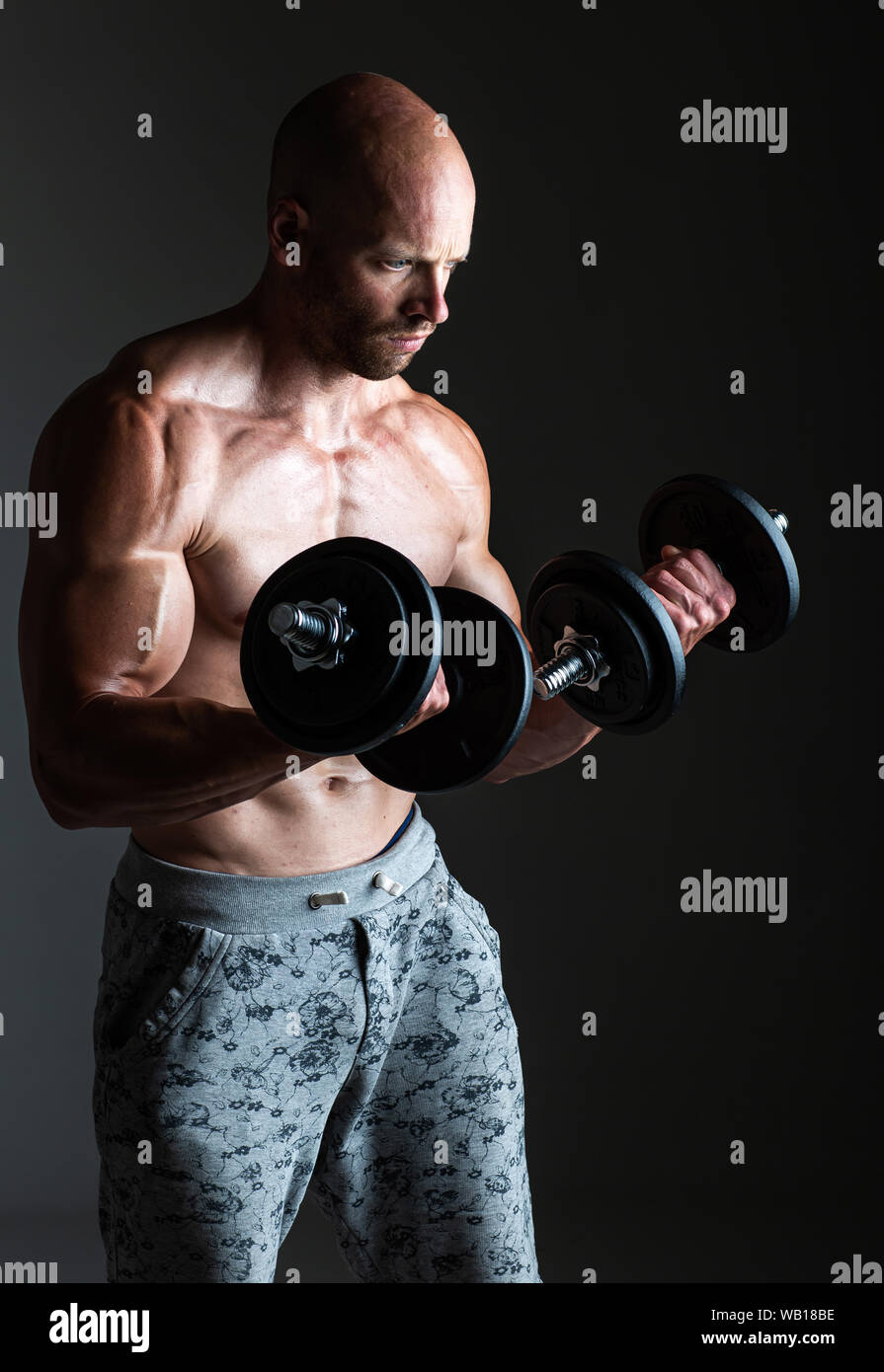 Strong young man bodybuilder performing exercise for biceps with heavy dumbbell in both hands Concept Artistic Gym Life Style Stock Photo