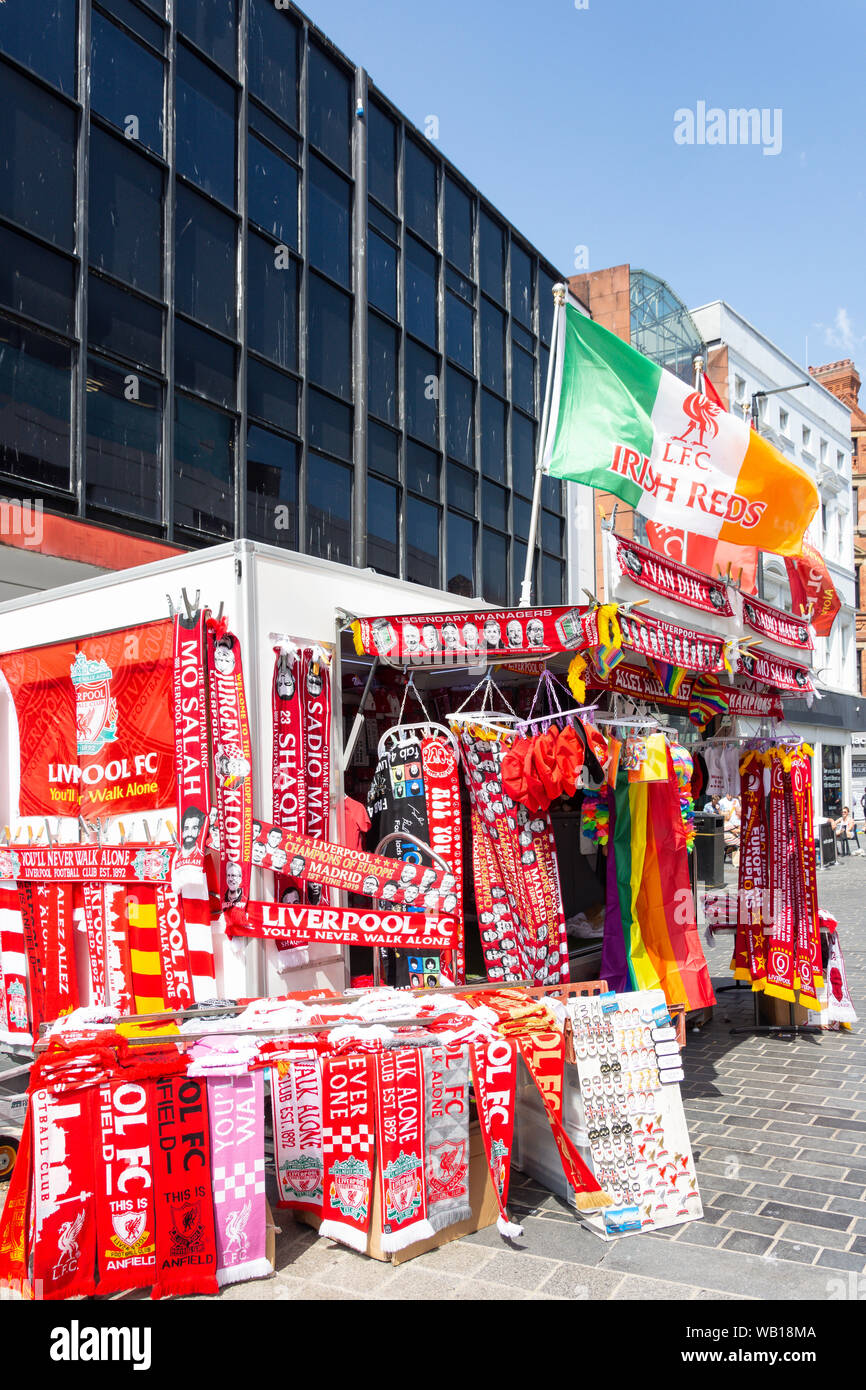 Liverpool football supporters stall in Whitechapel, Liverpool, Merseyside, England, United Kingdom Stock Photo