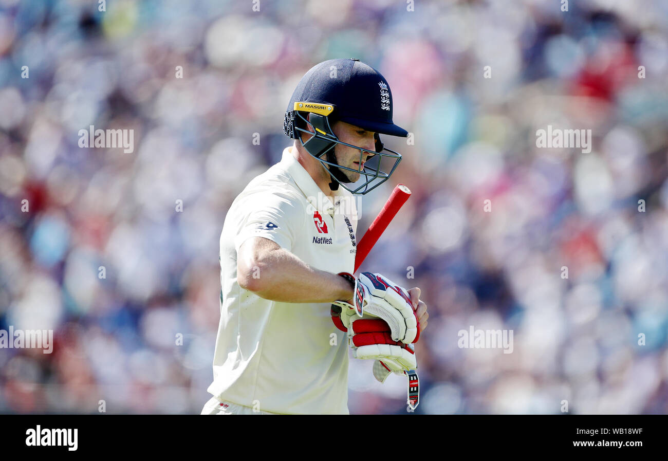 England's Chris Woakes reacts to his dismissal during day two of the third Ashes Test match at Headingley, Leeds. Stock Photo