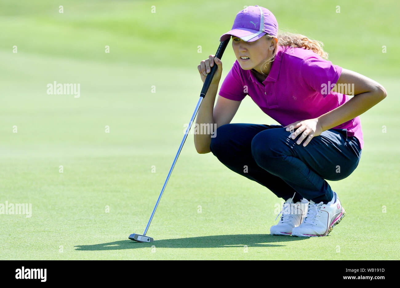 Karlstejn, Czech Republic. 23rd Aug, 2019. Pia Babnik (Slovenia) watches  the ball during the Tipsport Czech Ladies Open 2019 golf tournament of  Ladies European Tour and LET Access Series in Karlstejn, Czech