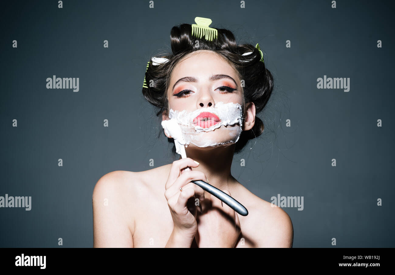 Pin Up Woman With Trendy Makeup Retro Woman Shaving With Foam And