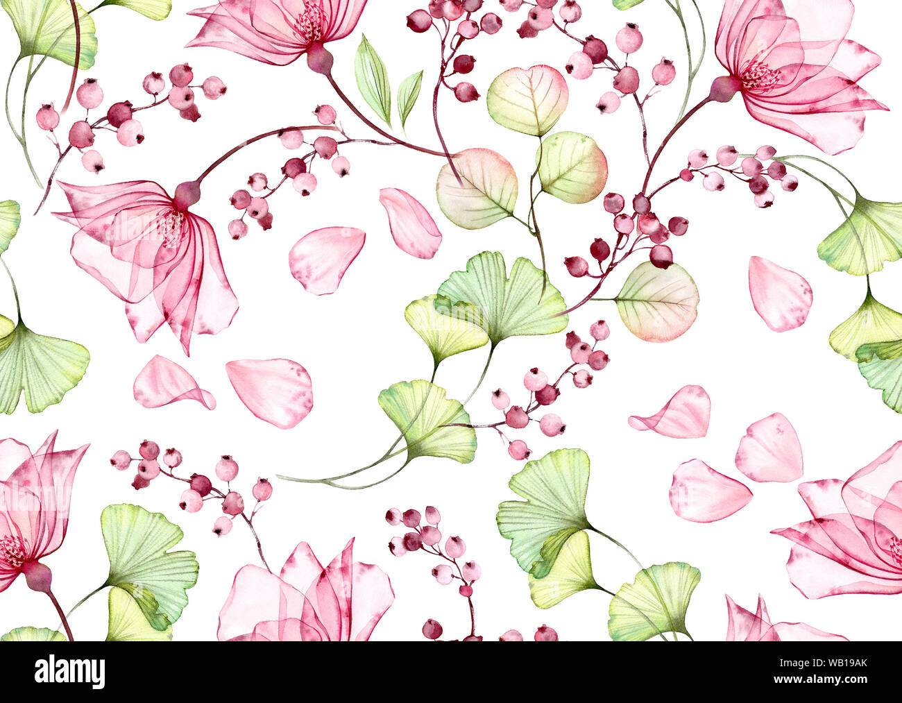 Transparent watercolor rose. Seamless floral pattern. Isolated hand drawn  with flying petals of flowers, eucalyptus and berries for wallpaper design  Stock Photo - Alamy