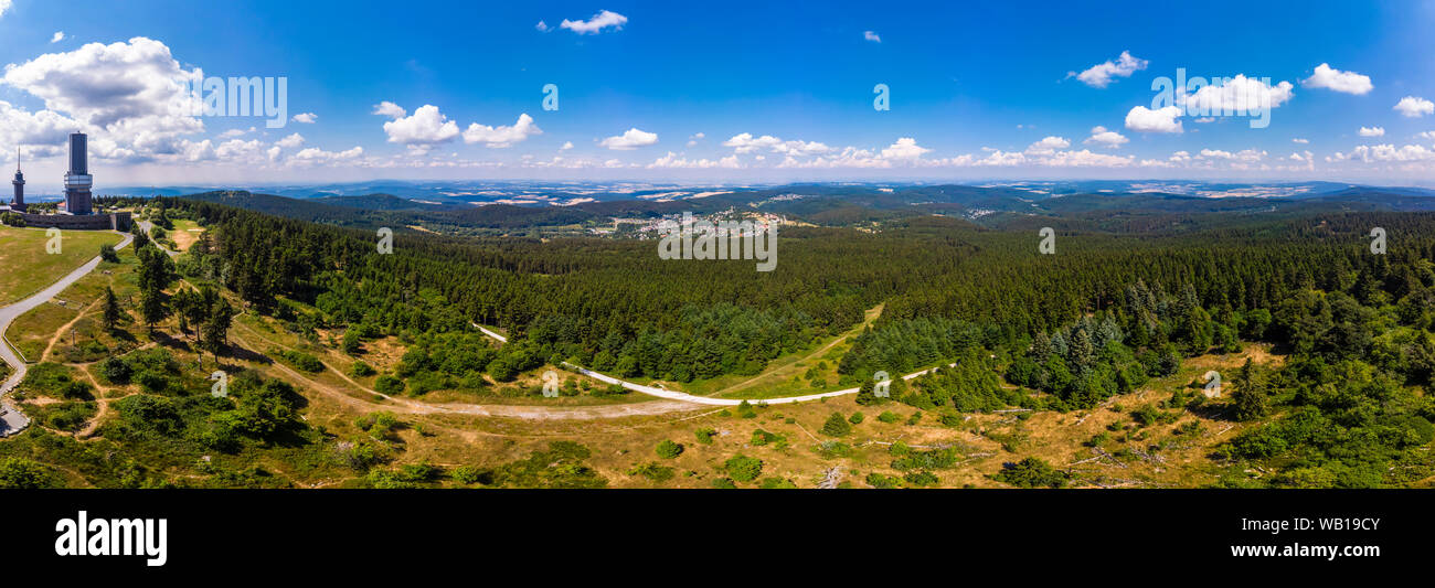 Germany, Hesse, Schmitten, Aerial view of Grosser Feldberg, aerial mast of hr and viewing tower, Oberreifenberg in the background Stock Photo