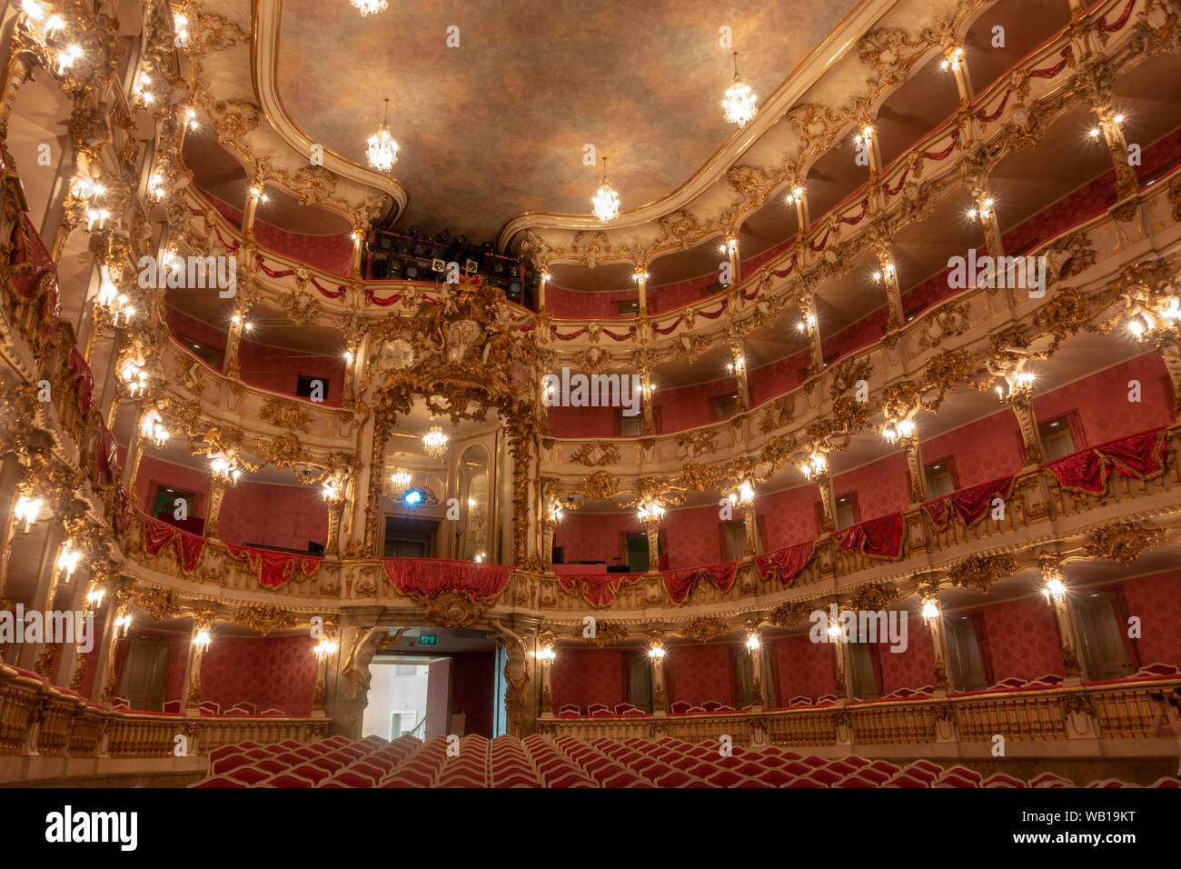 Inside the beautiful Cuvilliés Theatre (Cuvilliés-Theater), the former court theatre of the Residenz in Munich, Bavaria, Germany. Stock Photo