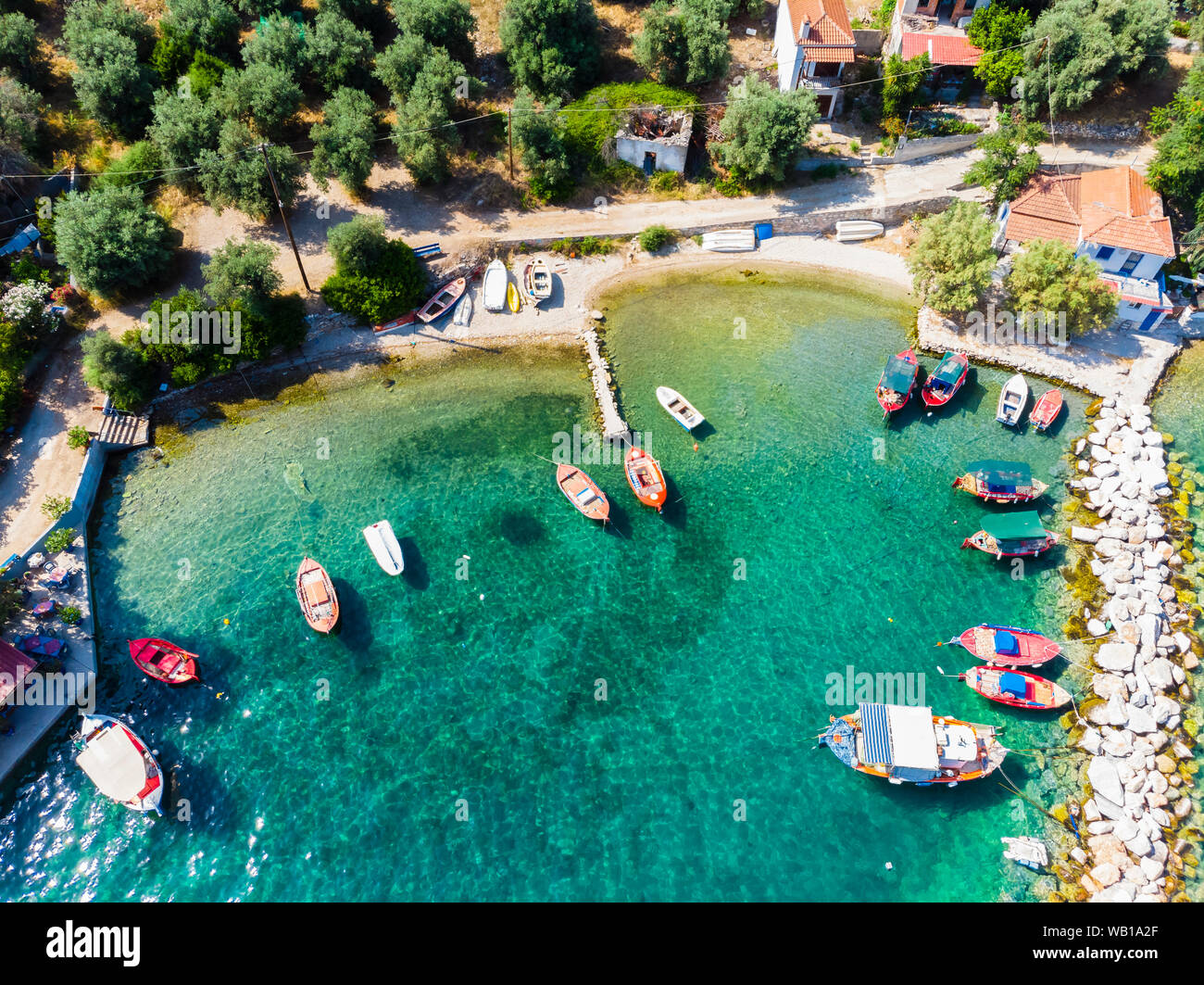 Greece, Aegean Sea, Pagasetic Gulf, Peninsula Pelion, Aerial view of fishing village and bay of Kottes Stock Photo