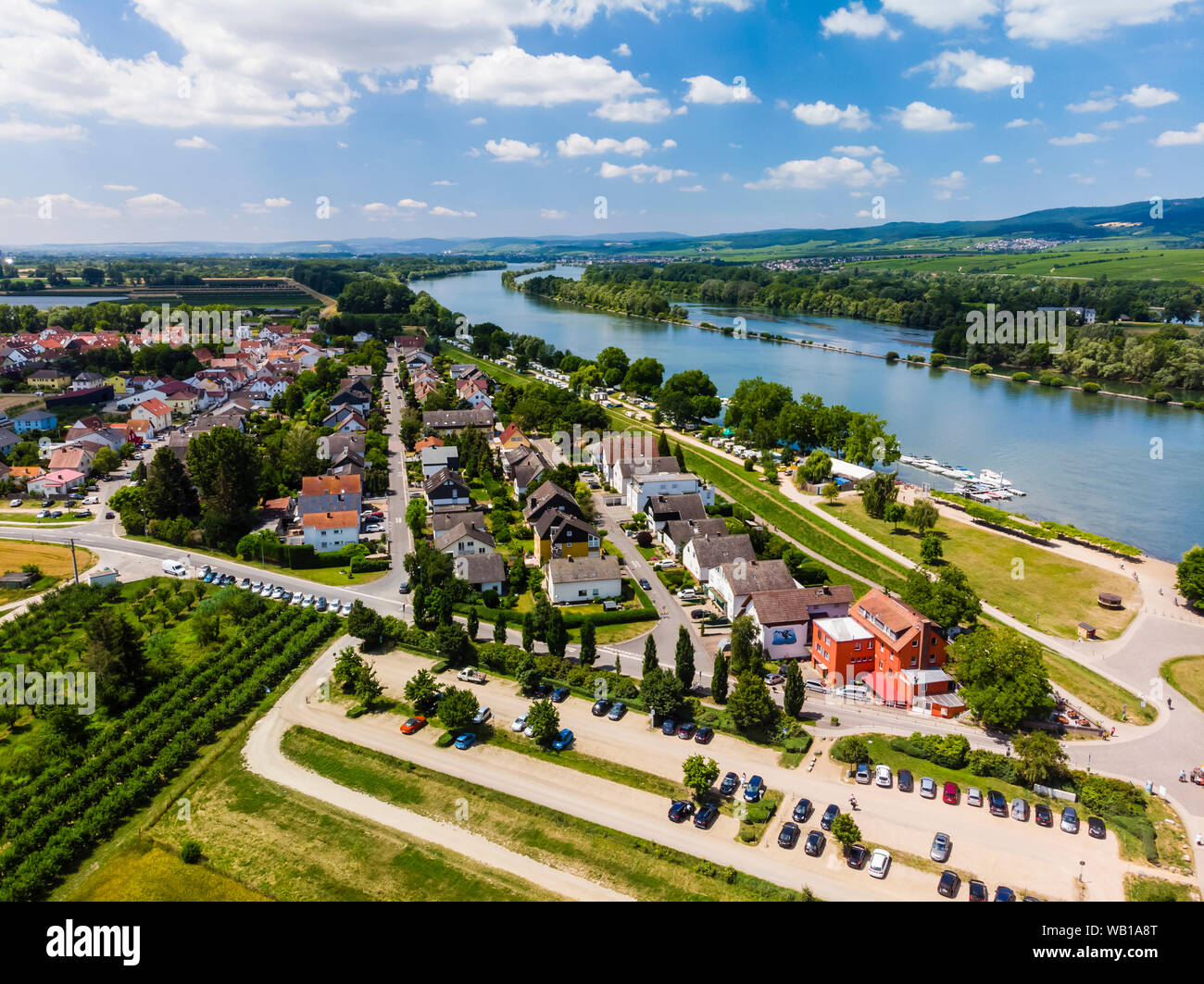 Germany, Rhineland-Palatinate, Aerial view of Heidesheim am Rhein, Rhine river Stock Photo