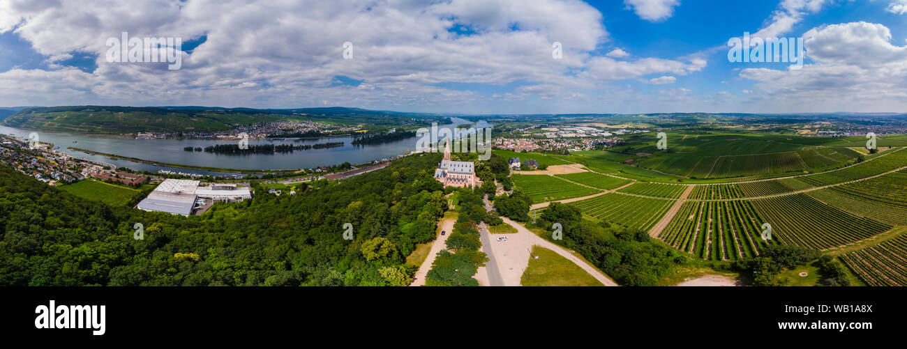 Germany, Rhineland-Palatinate, Bingen region, Rochus Mountain and Rochus Chapel, Aerial view of Kempen am Rhein and Ruedesheim am Rhein Stock Photo