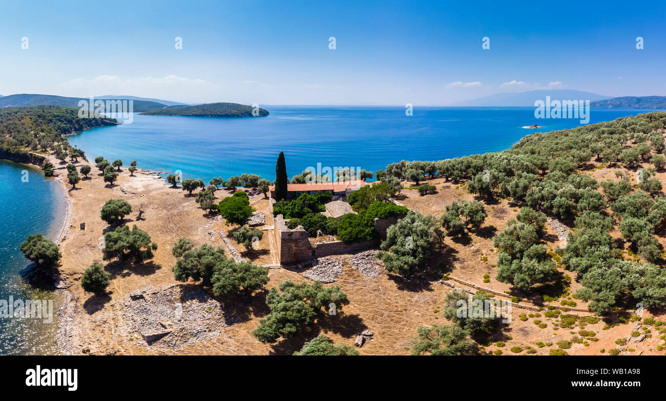 Greece, Aegean Sea, Pagasetic Gulf, View from Bay of Milina to Alatas Island, Holy Forty Monastery Stock Photo