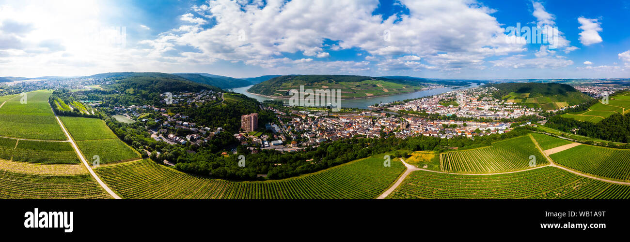 Germany, Rhineland-Palatinate, Aerial view of Weiler am Rhein, Nahe river and Bingen am Rhein Stock Photo